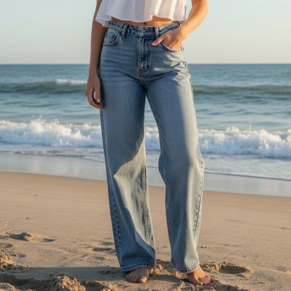 Doryee NWT Womens TALL‎ High Waisted Wide Leg Jeans Light Wash Button Fly Size 5